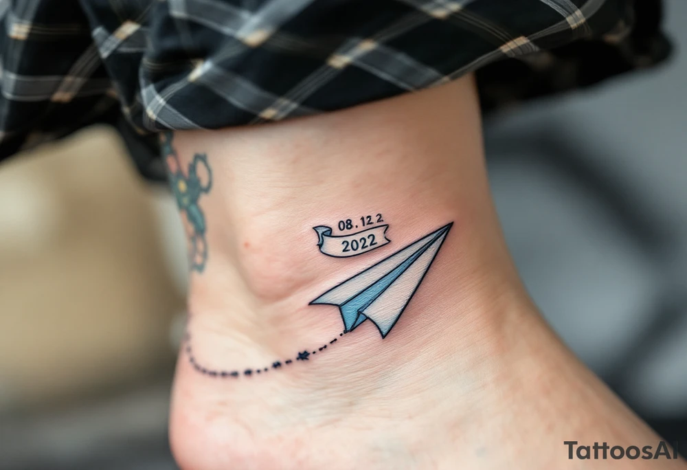 A cartoon-style paper airplane in soft grey and baby blue, trailing a banner with the birthdate 08. 12. 2022. tattoo idea