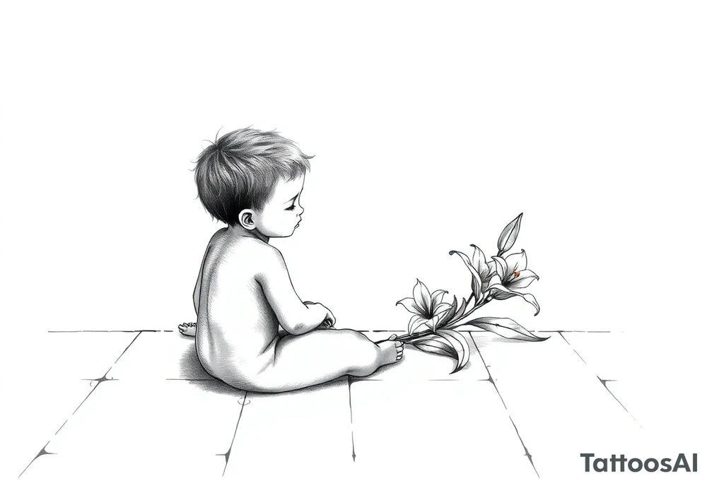 A simple tile floor with a minimalist curled child sitting on the floor with a lily next to her tattoo idea