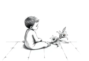 A simple tile floor with a minimalist curled child sitting on the floor with a lily next to her tattoo idea