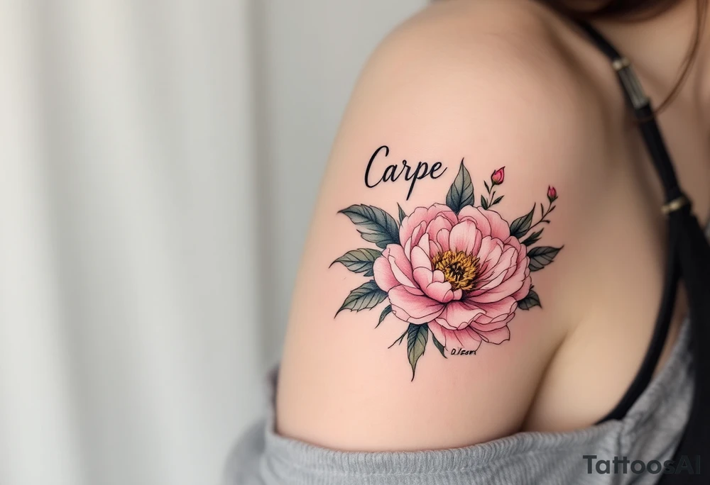"Carpe Diem" in fine-line black ink curling around a soft pink peony. tattoo idea