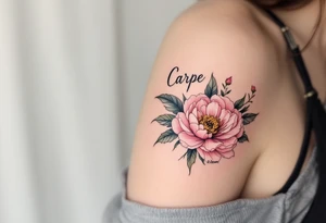 "Carpe Diem" in fine-line black ink curling around a soft pink peony. tattoo idea