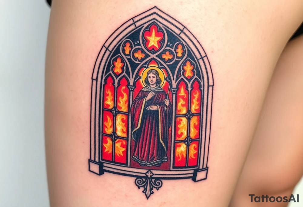 A gothic cathedral window with Saint Wenceslas inside, glowing with rich reds and golds, symbolizing Czech history and faith. tattoo idea