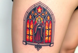 A gothic cathedral window with Saint Wenceslas inside, glowing with rich reds and golds, symbolizing Czech history and faith. tattoo idea