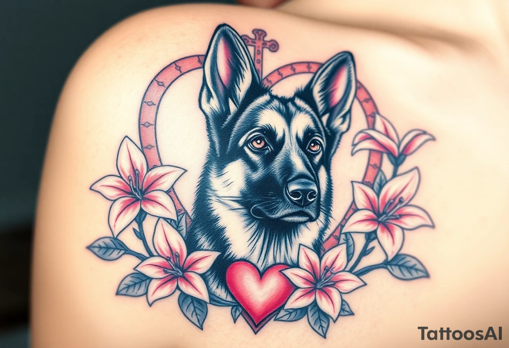 realistic german shepherd with alert ears looking protective surrounded by pink lilies with leaves in front of a sacred heart tattoo idea