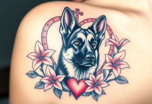 realistic german shepherd with alert ears looking protective surrounded by pink lilies with leaves in front of a sacred heart tattoo idea