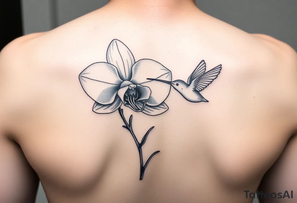 A delicate, black and white fine-line tattoo for make, featuring a gracefully detailed orchid in full bloom (stem and at least 2 flowers), with soft, intricate petals and elegant curves. Beside it, a hummingbird hovers mid-flight, its wings drawn with subtle motion lines, its slender beak reaching toward the orchid’s center to drink its nectar. The design captures a sense of balance and harmony, with the contrast between the stillness of the flower and the gentle energy of the bird. Perfectly suited for the upper arm, this piece combines nature’s beauty and movement in a timeless, minimalist style tattoo idea