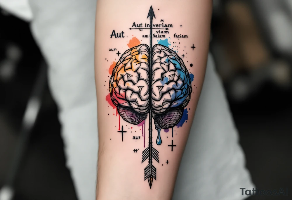A front-seen brain in geometric and straight lines, with few watercolor details but mostly black, math symbols arround, the phrase "Aut inveniam viam aut faciam" and a detailed arrow crossing from above with watercolors leaking from its tip tattoo idea