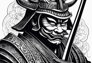 samurai with a hannya mask that covers half of his face who is in a slightly tilted posture holding a katana in an attack position tattoo idea