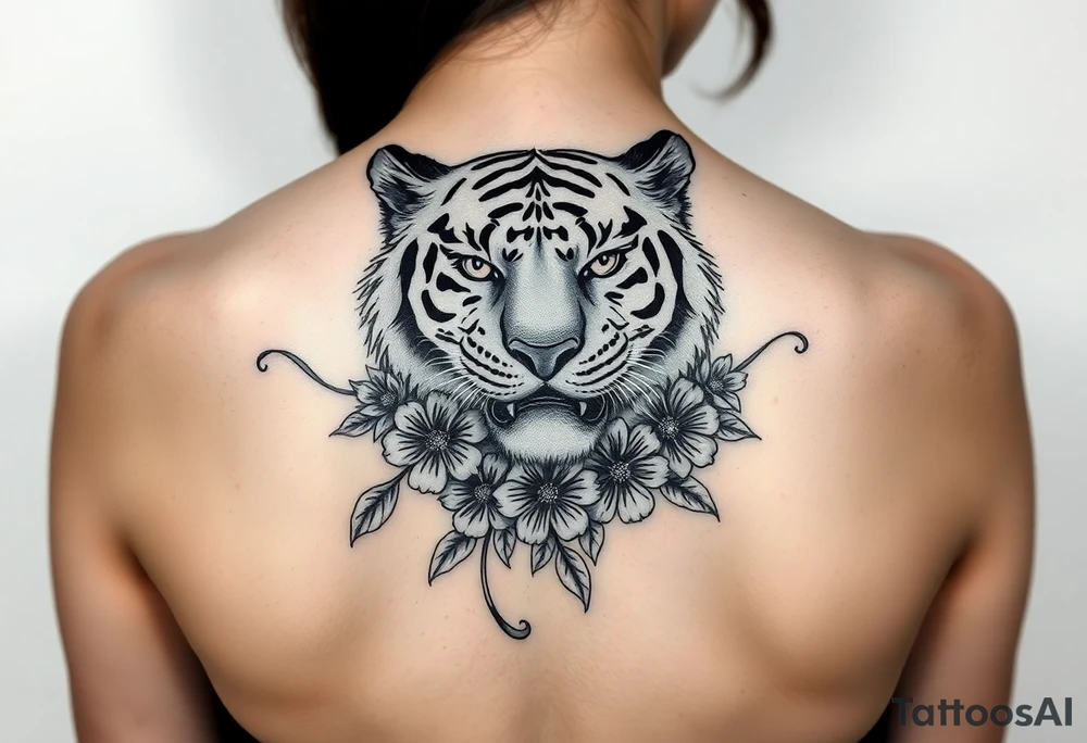 a whole tiger with some flowers around it tattoo idea