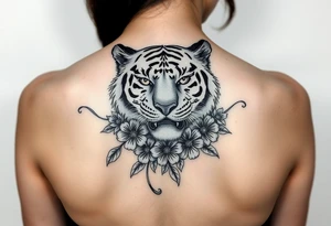 a whole tiger with some flowers around it tattoo idea