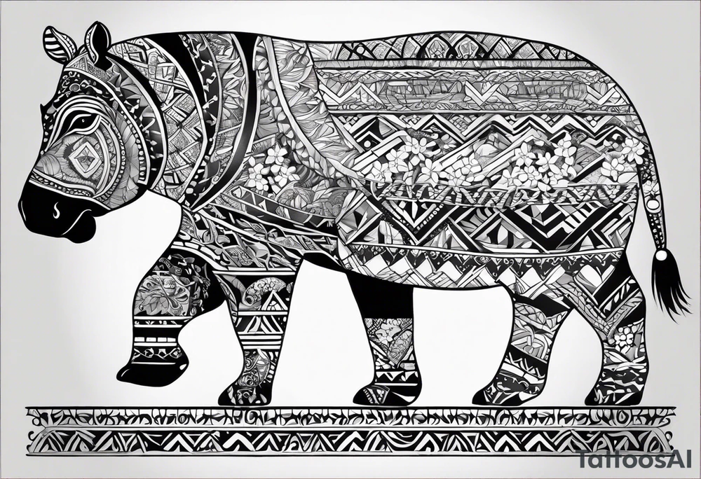 A foot long 2.5inches wide portrait orientation tattoo, containing a detailed hippo head with tribal patterns in the middle, a full moon on the upper side, and some wintersweet flowwer on the bottom side, these three components are connected with arches, lines, little geometric patterns, the lines will ne fine and narrow tattoo idea