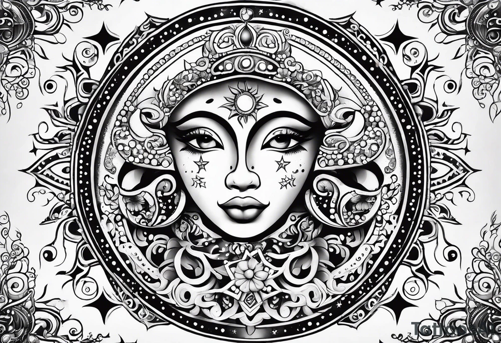 Mexican feminine alien Sun and moon. Freeform rectangular sternum swirls with dots and stars tattoo idea