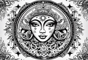 Mexican feminine alien Sun and moon. Freeform rectangular sternum swirls with dots and stars tattoo idea