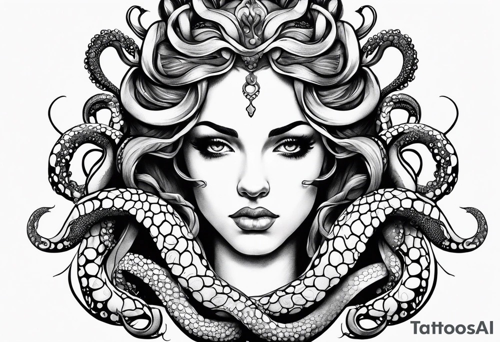 Medusa tattoo with a beautiful face only showing from the nose up. Octopus tentacles for hair tattoo idea
