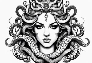 Medusa tattoo with a beautiful face only showing from the nose up. Octopus tentacles for hair tattoo idea