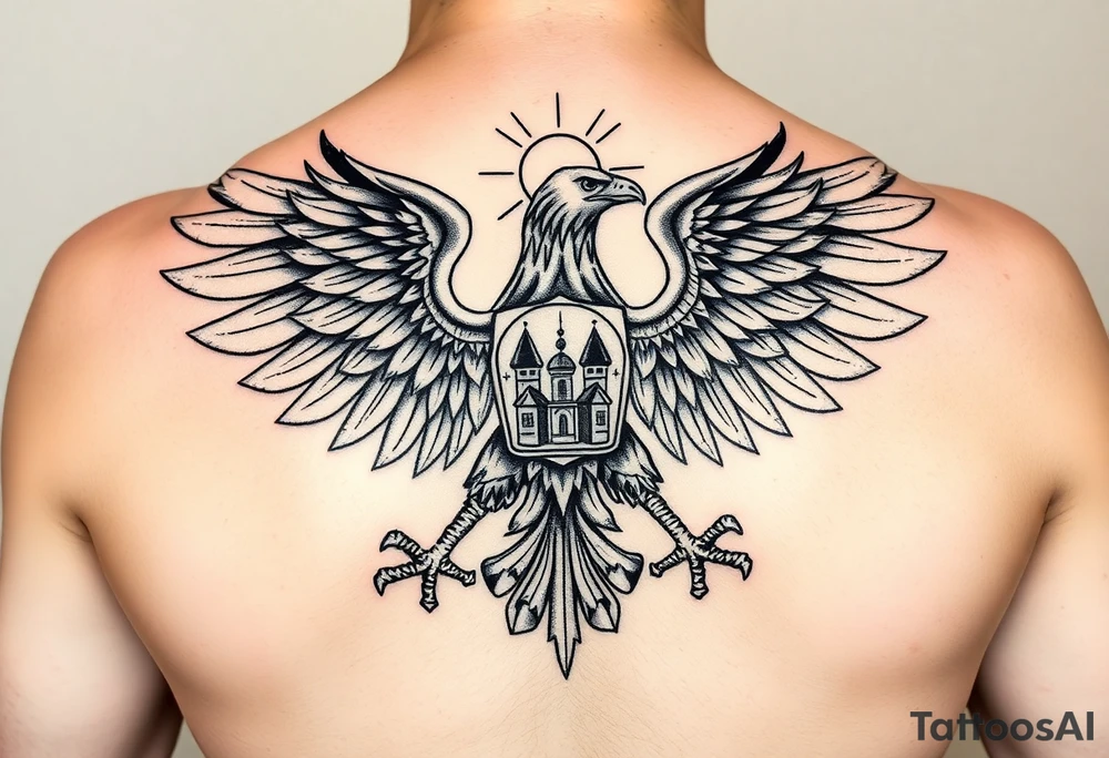 i am looking at getting a russian / serbian style double headed eagle like the coat of arms spread out on my back neck across my shoulders / traps in a orthodox christian church style setting with a sun beaming and in a mountainous setting tattoo idea