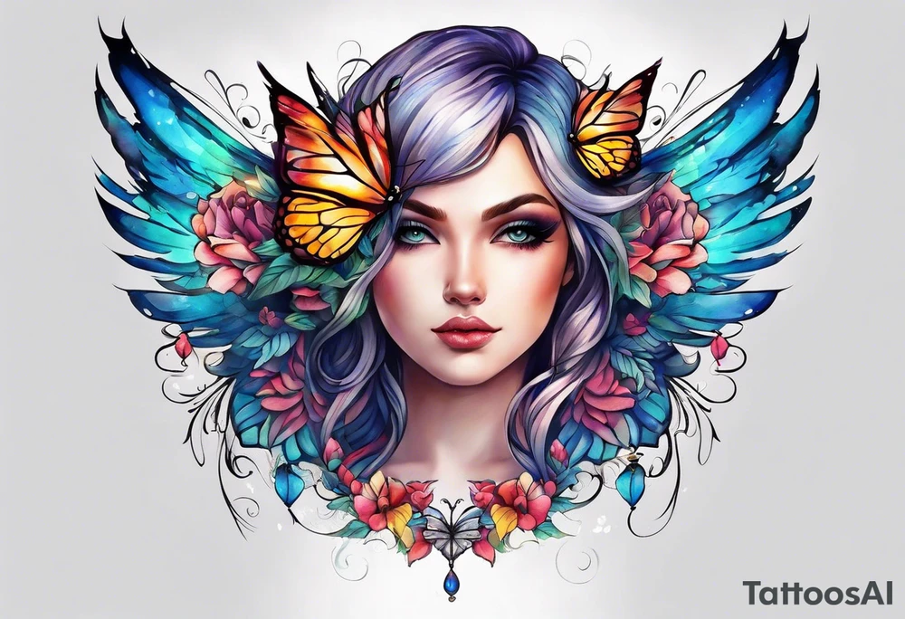 Colorful angel wings and butterfly tattoo idea