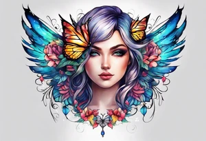 Colorful angel wings and butterfly tattoo idea