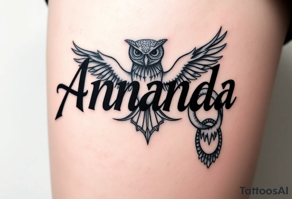 Amanda name with Harry Potter deathly hallows and owl tattoo idea