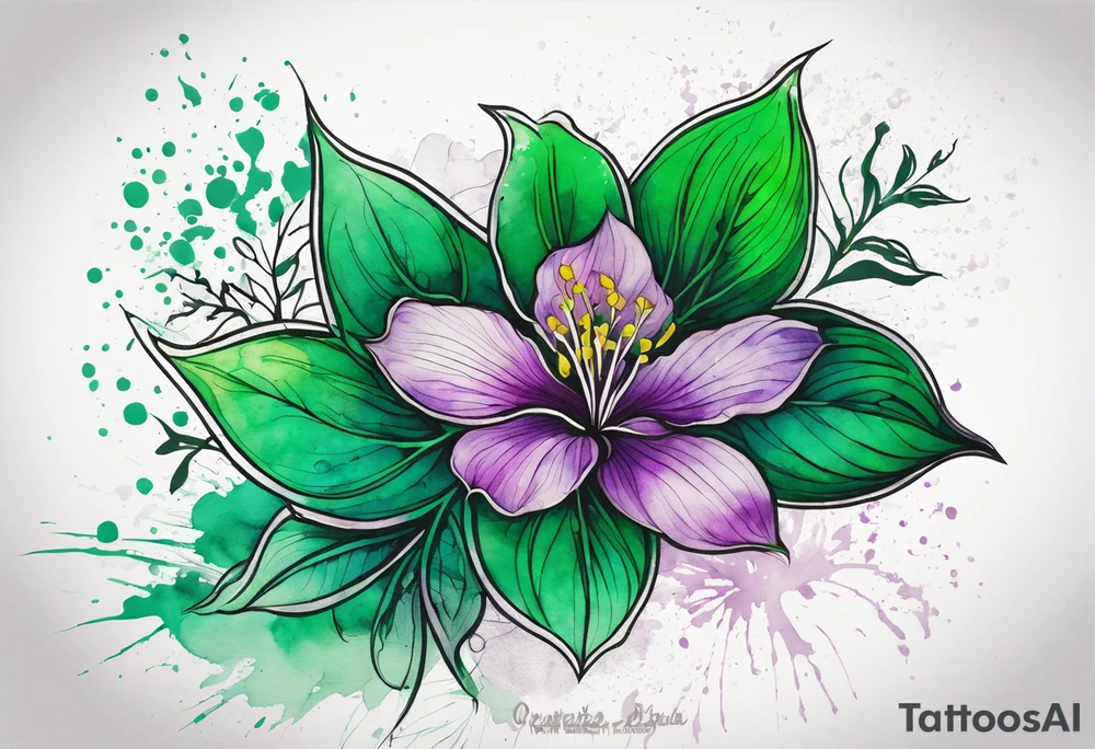 An outline of an only green rio dipladenia flower and a green and purple watercolor splash in the background tattoo idea