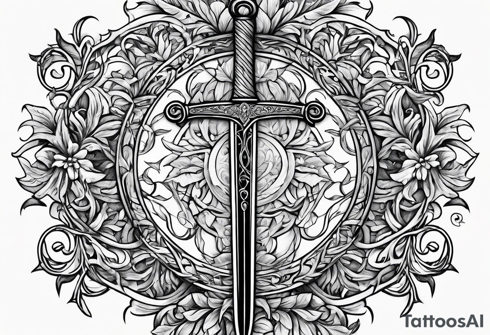 Leafy vines with sword tattoo idea