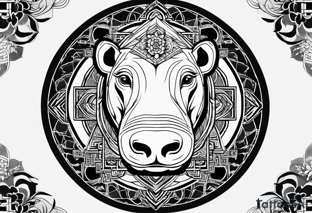 Very asymmetrical, +geometric pattern, with realistic full moon, with seeious looking hippo, +zen feel, + Buddhism touch, +tribal, +geometric, +chinese inkart 
with wintersweet flower bud, +portrait orientation, +inkart touch, tattoo idea