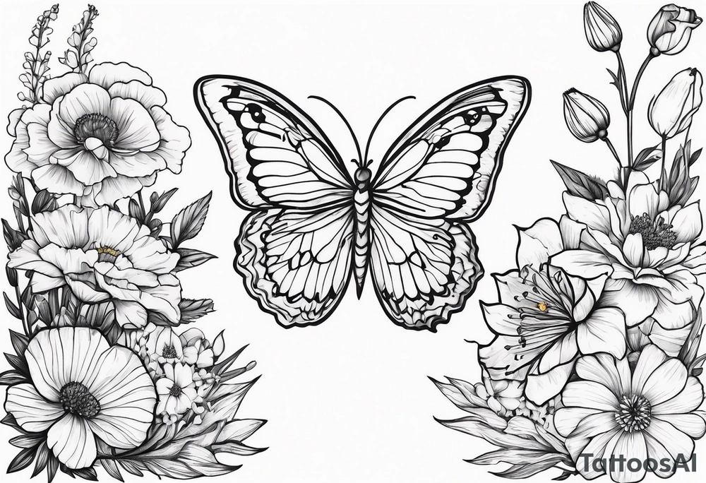 A flower bouquet of carnation, poppy, lily valley, larkspur, aster and marigold and then a butterfly tattoo idea