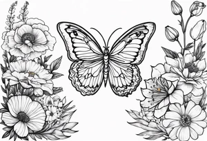 A flower bouquet of carnation, poppy, lily valley, larkspur, aster and marigold and then a butterfly tattoo idea