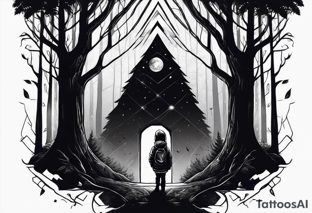 dark forest with alone child in hoody tattoo idea