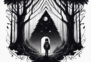 dark forest with alone child in hoody tattoo idea