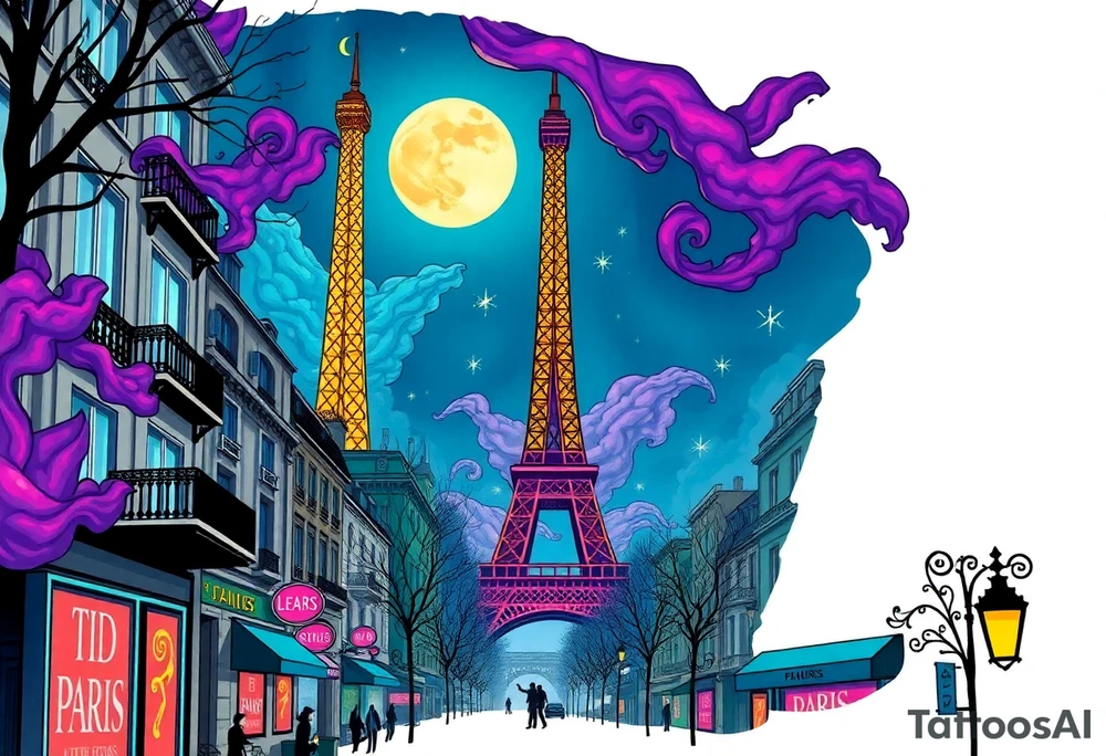 Tim Burton’s paris streets with effel tower from outside view is the street is littered with neon signs purple and cyan smokey clouds swirl and dance in the moonlit night sky filled with twinkling stars  tattoo idea tattoo idea