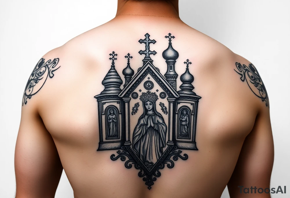 medium traditional russian orthodox church with a russian coat arms and virgin mary tattoo idea