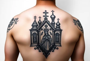 medium traditional russian orthodox church with a russian coat arms and virgin mary tattoo idea
