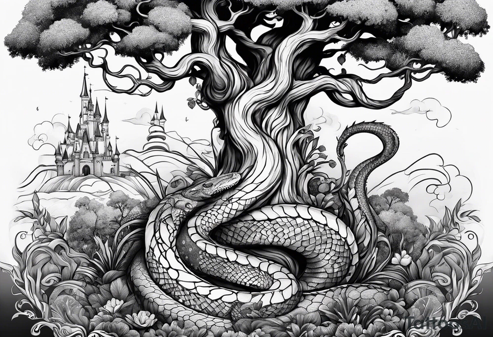 ARBRE DE VIE QUI SE TRANFORME EN SERPENT DANS LE STYLE DISNEY tattoo idea