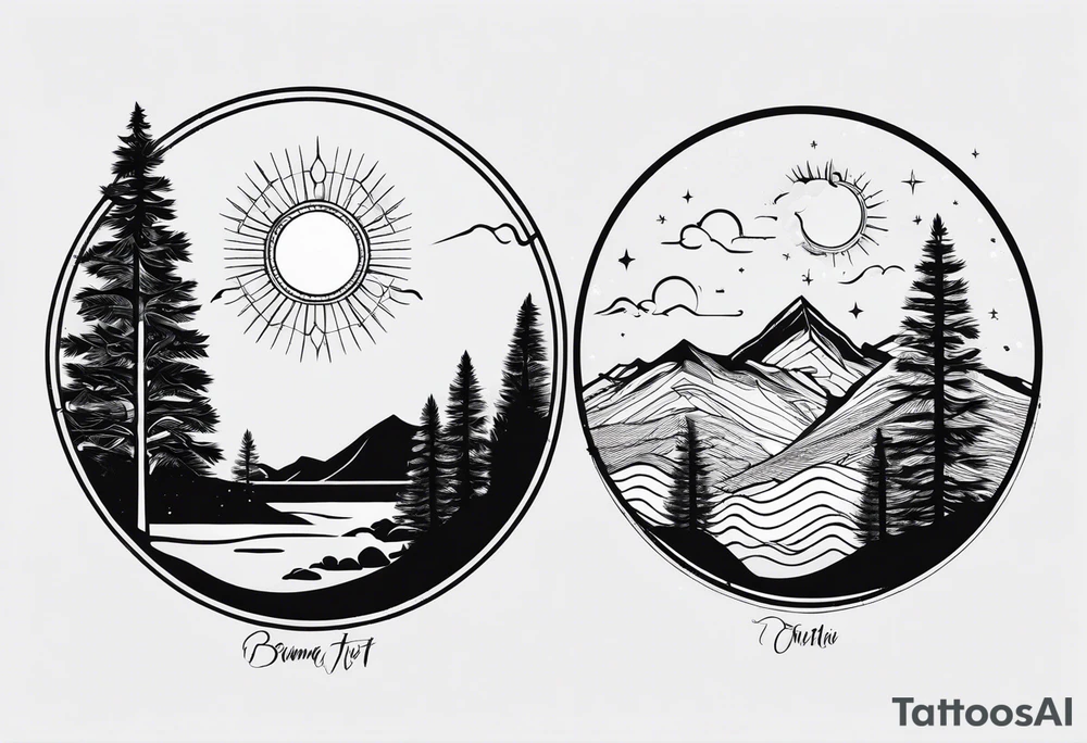 I want it in a vertical line one end to start with a tree then connect to a boomerang then connect to mountains then connect to the sun tattoo idea