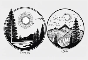 I want it in a vertical line one end to start with a tree then connect to a boomerang then connect to mountains then connect to the sun tattoo idea