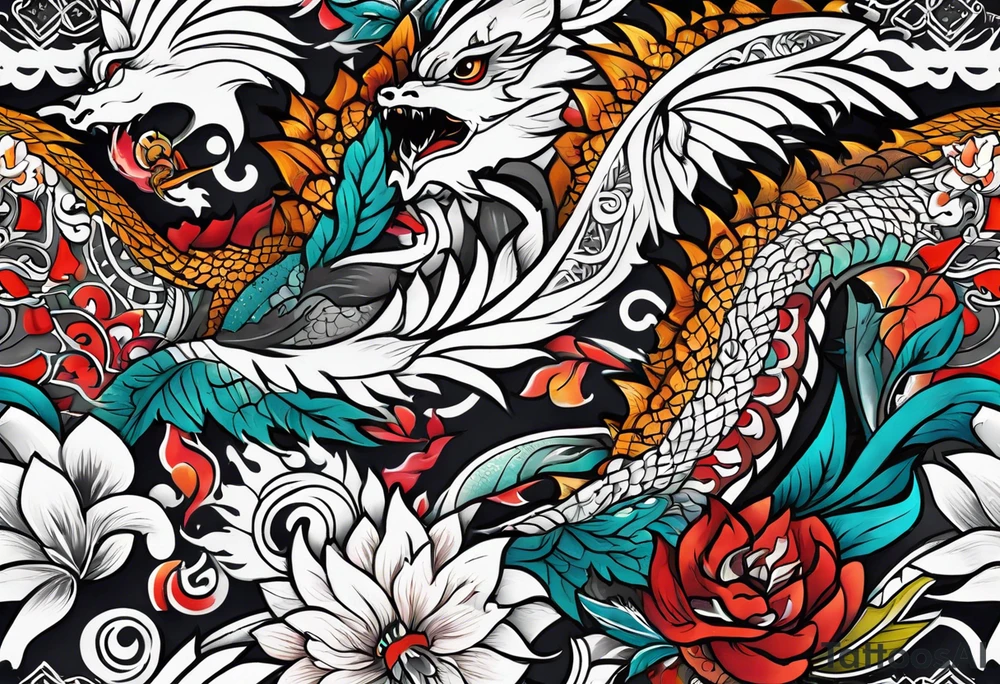 roaring dragons painted with Anishinaabe floral all over tattoo idea