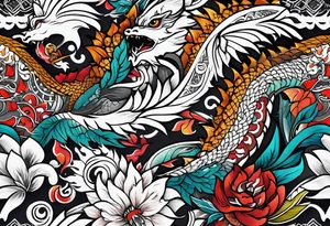 roaring dragons painted with Anishinaabe floral all over tattoo idea