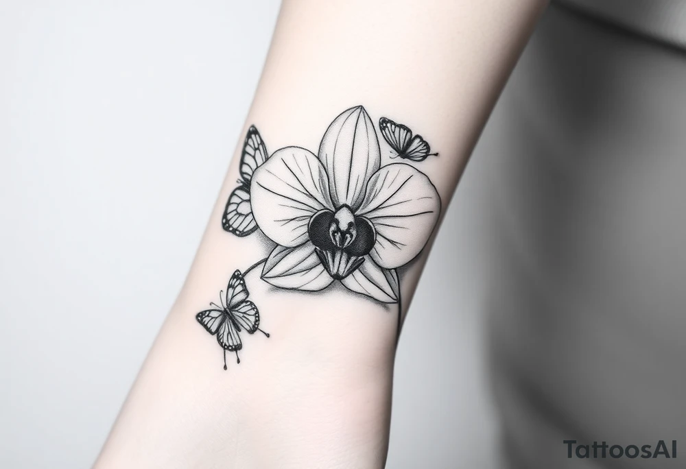 Orchid flower with two butterflies around it tattoo idea