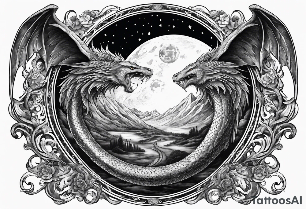 Lucifer (half angel and half snake) wraps the moon in the sky tattoo idea