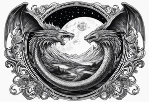 Lucifer (half angel and half snake) wraps the moon in the sky tattoo idea
