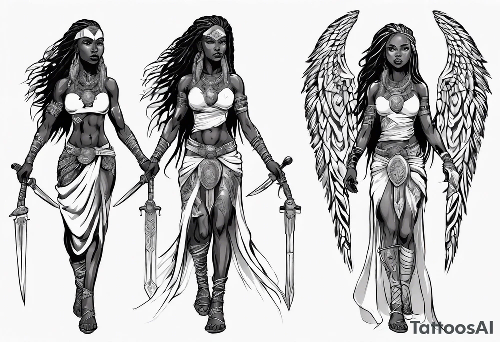 African female valkyre warrior full body angelic
slim long face long braided hair descending from heaven sword & shield tattoo idea