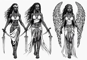 African female valkyre warrior full body angelic
slim long face long braided hair descending from heaven sword & shield tattoo idea