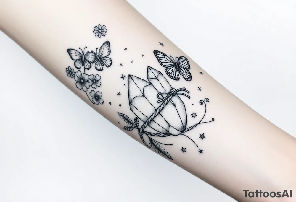 Placement: Forearm half sleeve, with forget-me-not wrapped around, with 3 butterflies placed around it. The word ‘siempre’ along the inside of the wrist around the radial pulse area. On the palm side of the wrist, there is 444 and a fine line moon and star. On the inner forearm, there are two crystals tied together with rope, with some stars dotted around it and two fine line leaf stems, and a moon above it. All tattoos in black ink. tattoo idea