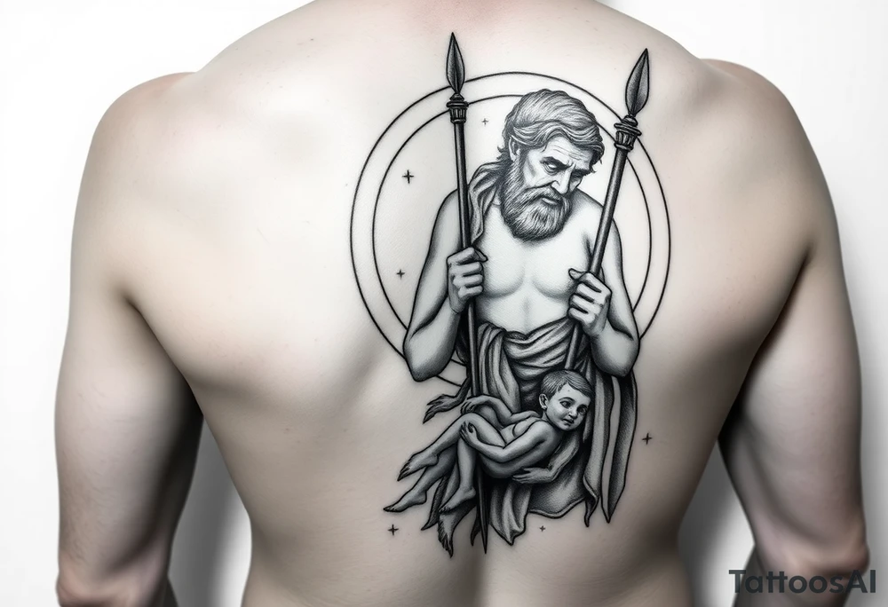 a tattoo design of the Greek God Saturn but older and nearly dying holding his spear looking down using the spear to keep himself upright, in his other arms cradling a twin dying younger version of himself. The gemini constellation is in the background behind the Saturn Gods. Long vertical form as this will be on a thigh - include the planet Saturn rings going round the design tattoo idea