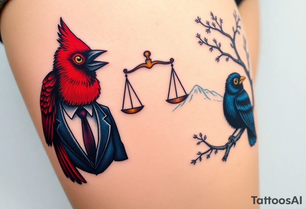 2 birds as the focus, 1 red bird in a suit, 1 navy blue bird with glasses, scales of justice in a tree, starry night painting and mountain background tattoo idea