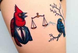 2 birds as the focus, 1 red bird in a suit, 1 navy blue bird with glasses, scales of justice in a tree, starry night painting and mountain background tattoo idea