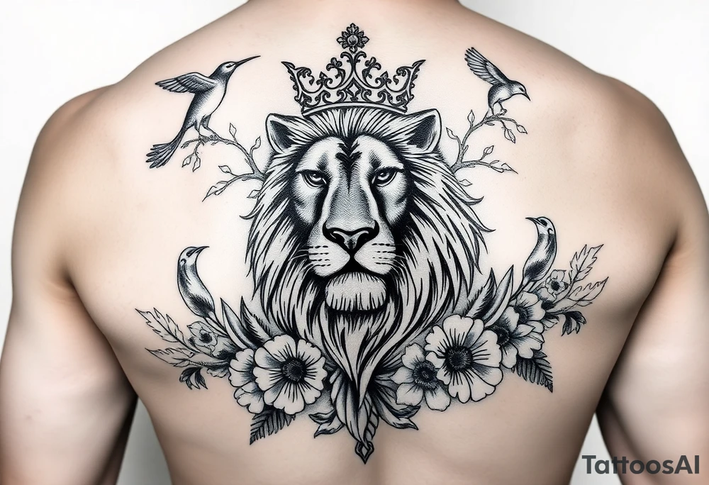 powerful majestic lion with a crown, surrounded by floral ornaments and birds tattoo idea