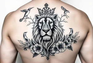 powerful majestic lion with a crown, surrounded by floral ornaments and birds tattoo idea