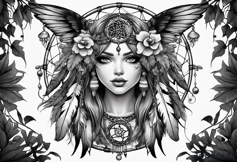 A fairies with mushrooms and eyeballs in a dreamcatcher with feathers tattoo idea